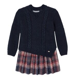 Mayoral Girls Navy Blue Cable Knit Plaid Sweater Dress Size 6‎